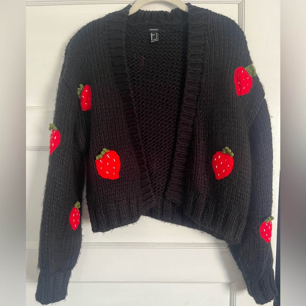 Forever 21 Black Cardigan with Red Strawberry Accents